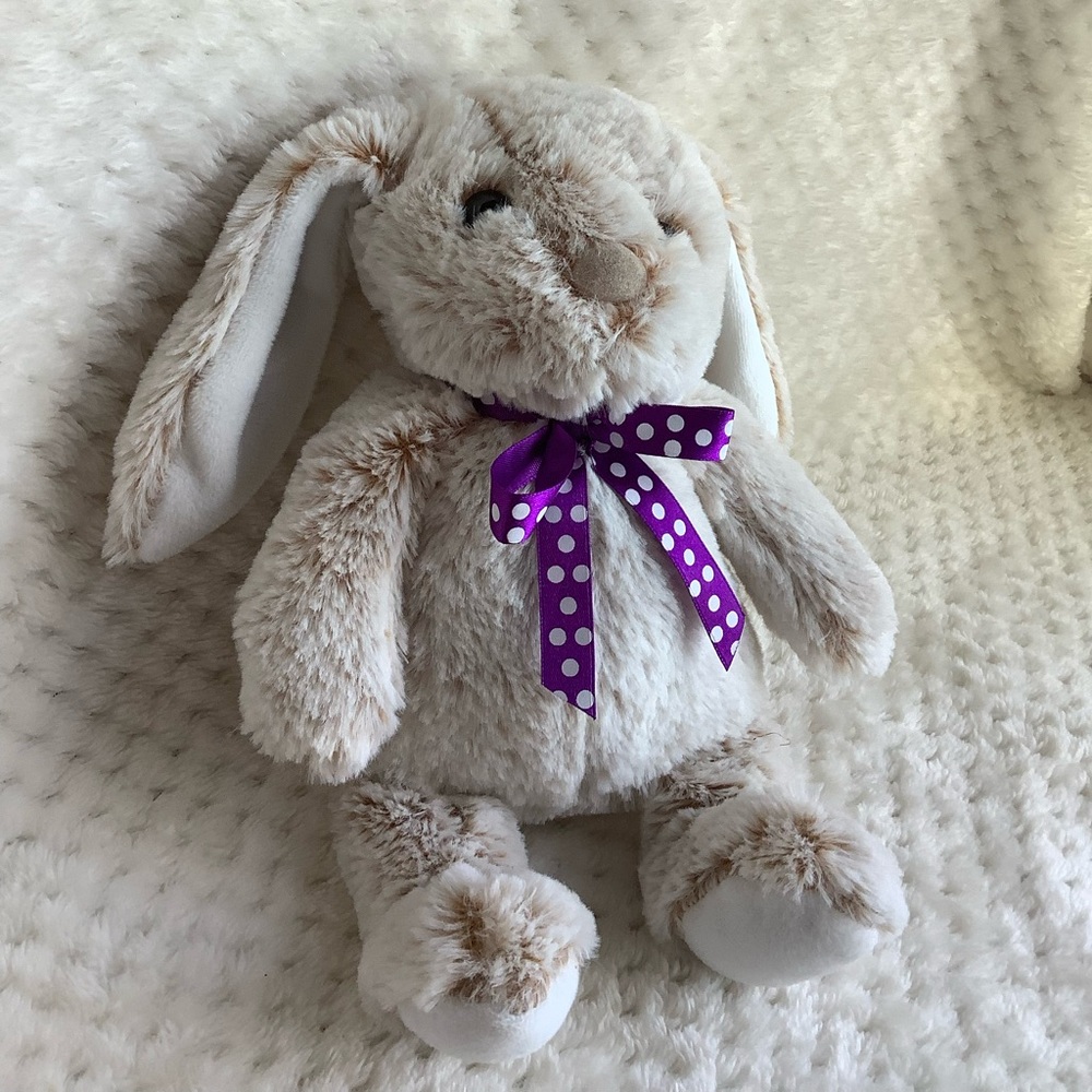PURDYS Chocolatier Soft Plush Bunny Rabbit Stuffed Animal w Purple Polka Dot Bow
